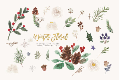 Watercolor Christmas floral clipart, Winter floral clipart