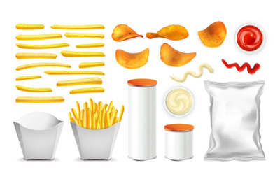 Fried Potato, Chips, Packages And Sauce Set Vector