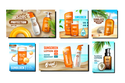 Sunscreen Cream Promotional Posters Set Vector