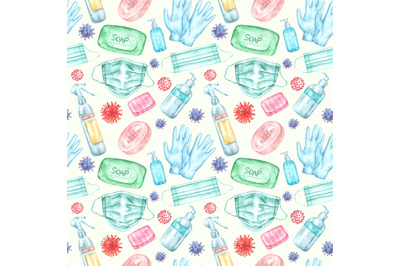 Stop Covid-19 watercolor seamless pattern. Hygiene and prevention