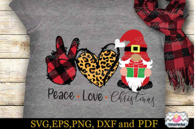 Peace Love Christmas SVG, Christmas Gnome SVG, Buffalo Plaid Love SVG,