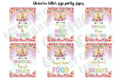 Unicorn birthday party table signs Letter size party sign