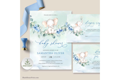 Dusty Blue Floral Baby Elephant and Eucalyptus Baby Shower Invite