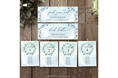 EIVY - Dusty Blue Floral Eucalyptus Wreath Wedding Seating Chart Cards