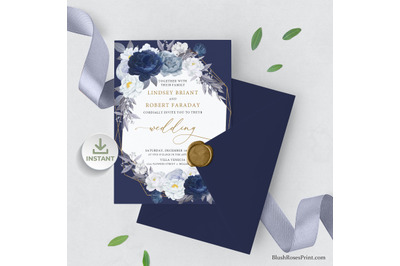 BLEU - Navy Blue Floral and Gold Geometric Frame Wedding Invitation