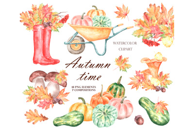 Autumn watercolor clipart. Pumpkins clipart. Autumn leaves clipart.