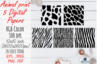 Black Animal Digital Papers pack. Animal prints.