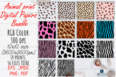 Animal Digital Papers bundle. Black and Color Animal prints.