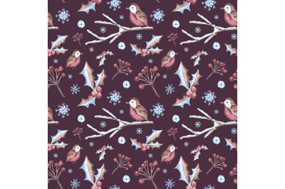 Watercolor seamless pattern Winter wonderland. Birds, natural decor.
