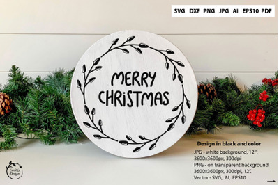 Merry christmas SVG round sign. Hand lettering. Wreath