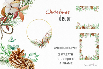 Christmas Greenery Decor Watercolor Wreath Clipart PNG