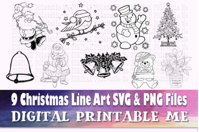 Christmas Line Art, SVG bundle, PNG,  Clip Art Pack , 9 Images, Pack,