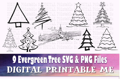 Christmas Tree line art, SVG bundle, silhouette PNG,  Clip Art Pack, 9