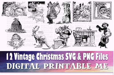 Vintage Christmas Line Art, SVG bundle, PNG, Clip Art Pack, 12 Images,