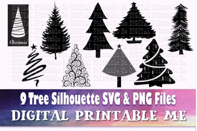 Christmas Tree Silhouette, SVG bundle, PNG,  Clip Art Pack, 9 Images,