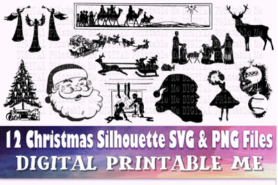 Vintage Christmas Silhouette, SVG bundle, PNG, Clip Art Pack, 12 Image