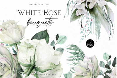 Watercolor white roses clipart, Floral clipart with white flowers