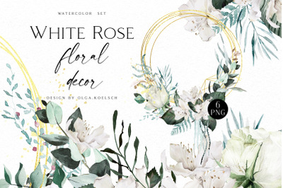 Watercolor white floral wreath clipart, Rose floral borders clipart