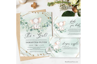ANYS - Cute Baby Elephant Baby Shower Invitation Set Greenery and Gold