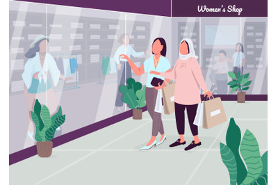 Shopping with girlfriends flat color vector illustration