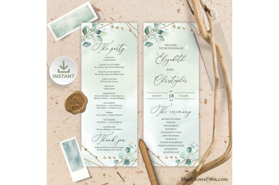 ANYS - Greenery wedding Program Editable Template Boho Eucalyptus Gold