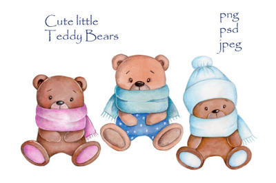 Three cute little Teddy Bears. Watercolor illustration.