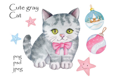 Small little gray cat and New Year toys. Watercolor set.