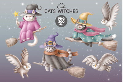 Cute cat witches and owls