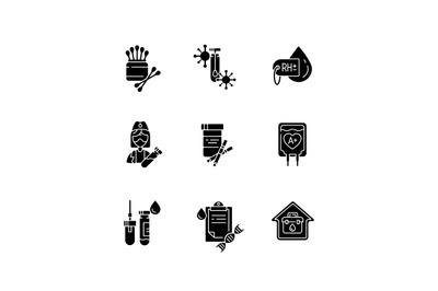 Medical diagnosis black glyph icons set on white space