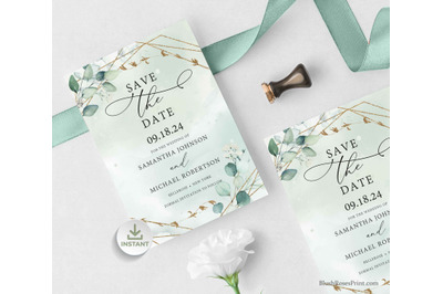 ANYS - Greenery and Gold Editable Save The Date Card Editable Template