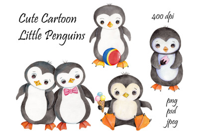 Cute Cartoon Little Penguins. Watercolor illustrations.
