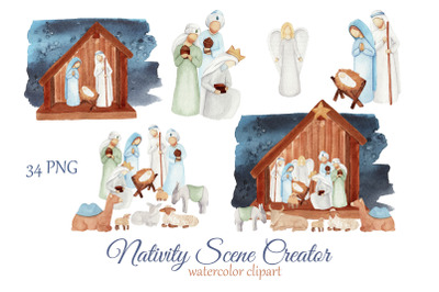 Nativity Christmas clipart, watercolor scene creator
