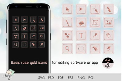 Basic rose gold icons for editing software or app.