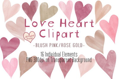 Love Hearts Clipart, Blush Pink Rose Gold, Valentines Clipart