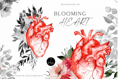 Watercolor anatomical heart clipart, Valentine clipart red florals