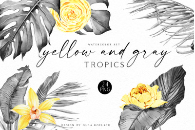Watercolor gray and yellow tropical clipart, Yellow roses, gray palm