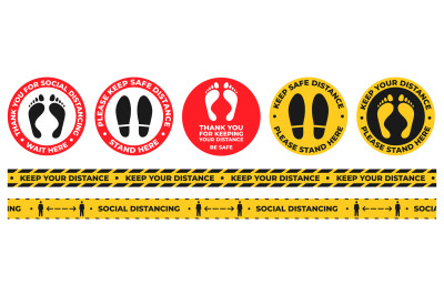 Social distance floor stickers. Round wait here warning signs with foo