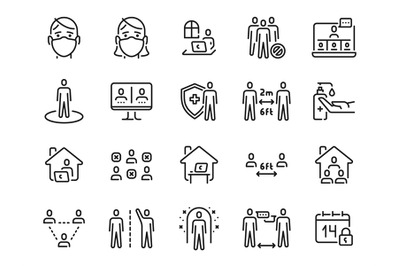 Social distance icons. Self quarantine, safe distancing and stay home