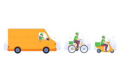 Food delivery transport. Courier in mask deliver goods drive truck, bi