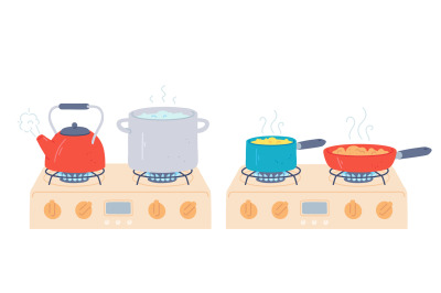 Pot and pan on stove. Preparing food and boiling water in saucepan and