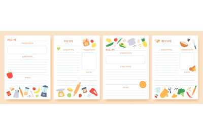 Recipe cards. Pages for culinary book decorated with ingredients and k