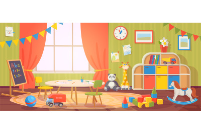 Kindergarten interior. Daycare nursery with furniture and kid toys. Pr