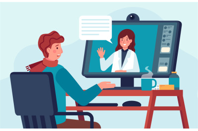 Telehealth doctor consultation. Patient talks with medic on computer.