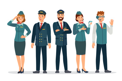 Aircraft staff. Air crew in uniforms pilots, stewardesses and flight a