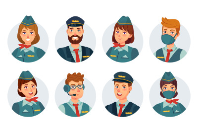 Air crew avatars. Airline pilot, ship captain, stewardess, flying atte