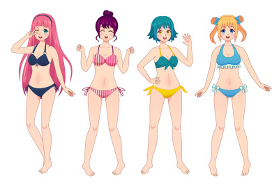 Anime manga girls in bikini. Group of kawaii female japanese comic cha