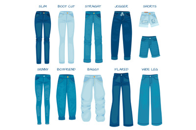 Women jeans fits. Denim female pants models skinny, straight, slim, bo