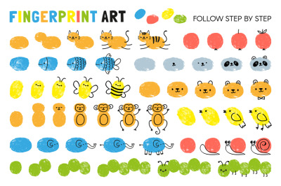 Fingerprint art steps. Worksheet for kid learning to draw animals. Pai