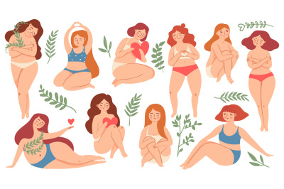 Body positive. Happy plus size beautiful women in swimsuit and underwe