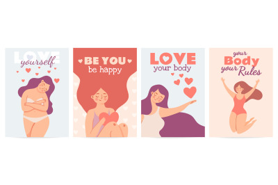 Body positive posters. Love yourself prints with happy woman with self